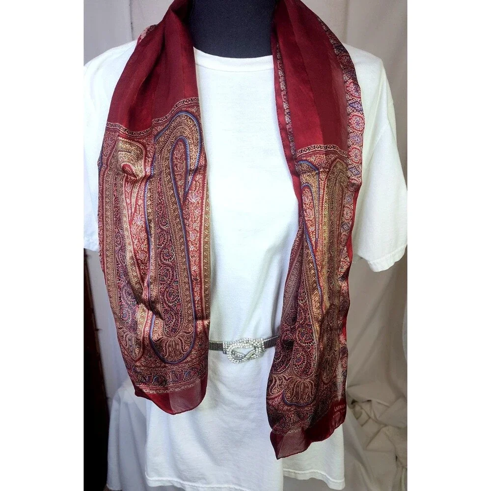 Lauren Ralph Lauren Vintage Silk Scarf Paisley Burgundy  Gold Classic  52